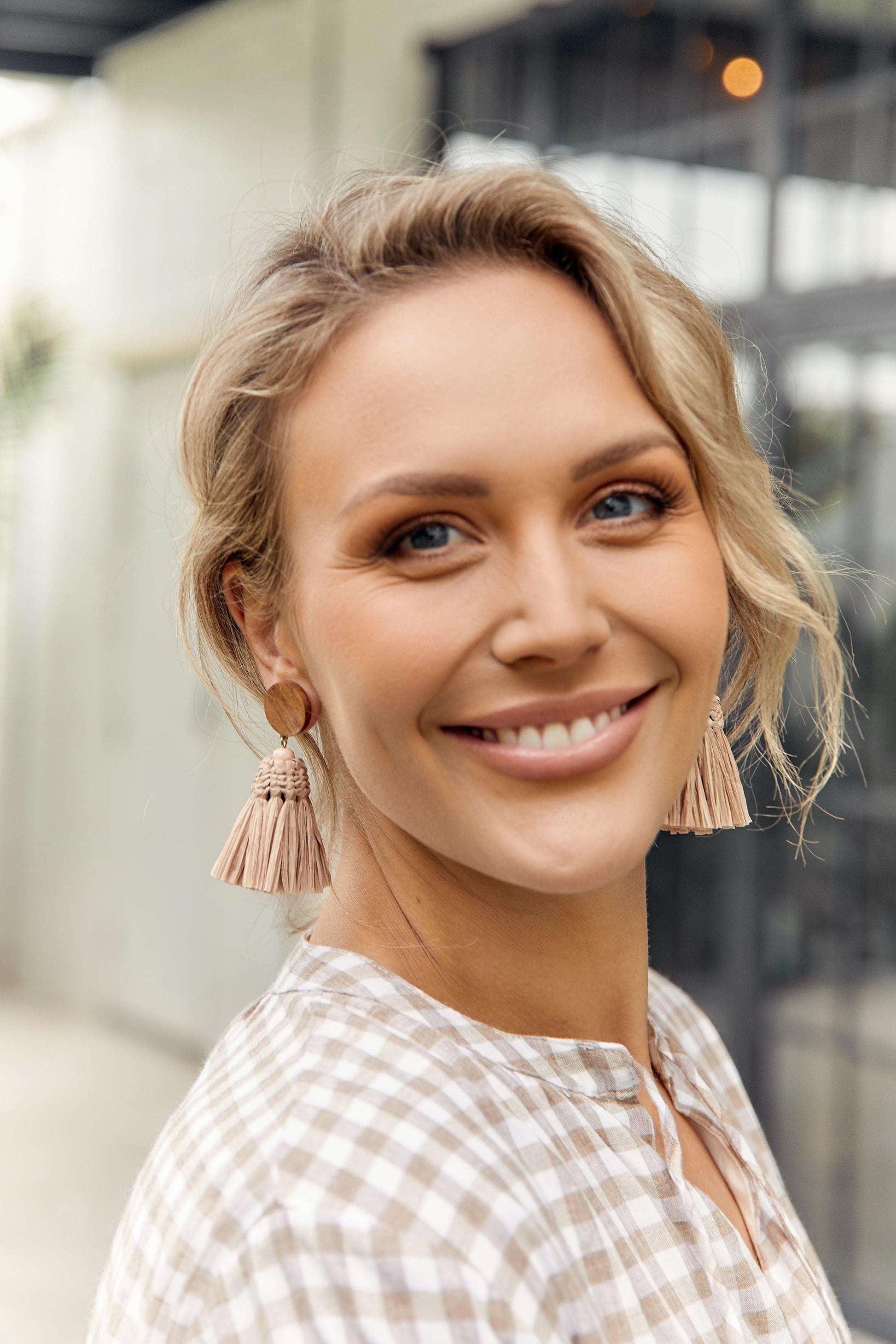 Tan And Cream Raffia Earrings Adorne - Ginja B